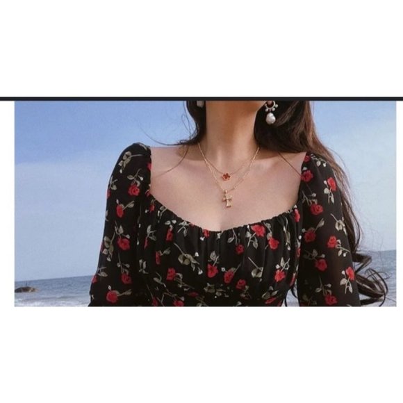 Blouse tunic tee top black red floral green - Picture 1 of 8